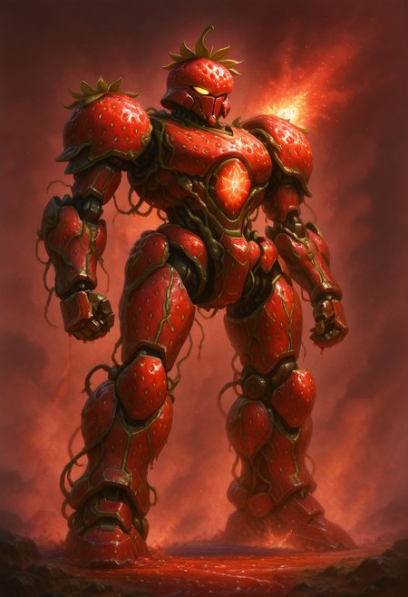 masterpiece, best quality,    strbrry, mecha, shiny metal,   <lora:StrawberryWorldMorph_IXL_v1:1.0>,