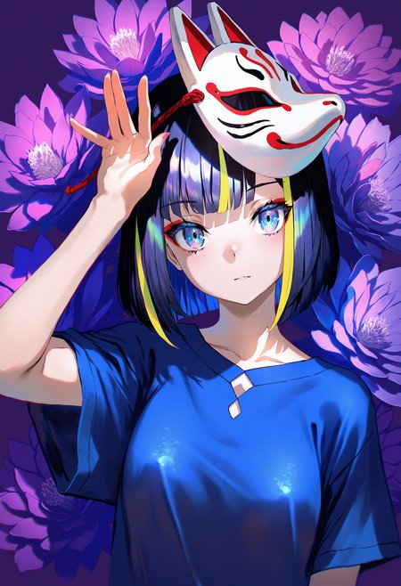 by lack|fuzichoco|lam|kinta \(distortion\)|wlop|quasarcake|nixeu|happoubi jin,
phony_(cevio), 1girl, arm up, puple hair, streaked hair, blonde streaks, blue eyes, blue shirt, bob cut, closed mouth, expressionless, fox mask, hand up, looking at viewer, mask, multicolored hair, purple background, purple hair, rabbit pose, shirt, short hair, short sleeves, simple background, solo, t-shirt, upper body,
floral background, purple flower,
masterpiece, best quality, very aesthetic, absurdres
<lora:illustrious_quality_modifiers_masterpieces_v1:1>
<lora:illustrious_noobai_epsilon_pred_1_best_quality_v1:1>