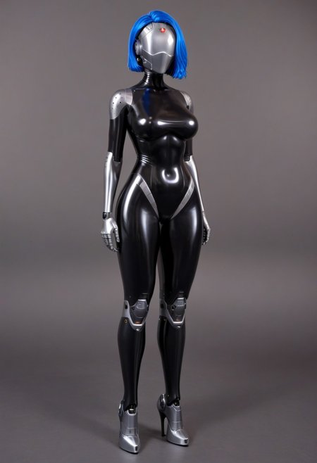 solo, A 35mm full length photo of  a beautiful 20 year old woman, she is a humanoid robot , robotic body, freckles, smooth featureless silver grey robotic skin, robotic aerials, metallic dark blue hair, elegant black latex bodysuit with white trim, featureless face
TheFaceLess