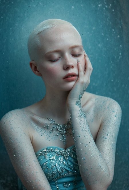 A photograph of an albino woman with her head shaved, wearing ornate silver and gold jewelry, crying into the palm of one hand while sitting on concrete in a dark room covered in glittery pale blue dust, in the style of Tim Walker. The lighting is moody, creating a dreamlike atmosphere. Dark