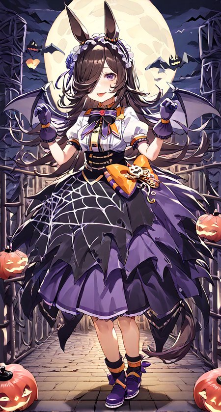 score_9,score_8_up,score_7_up,
official art,official style,game cg,megami magazine,
1girl,
rcs race,rice shower (umamusume),
rcs muv,rice shower (make up vampire!) (umamusume),rice shower (umamusume),
animal ears,bangs,bat wings,black bow,black bowtie,black skirt,
blue flower,blue rose,blush,boots,bow,bowtie,brooch,brown hair,
center frills,collared shirt,dress,eyebrows visible through hair,
flower,frilled hairband,frills,gloves,hair flower,hair ornament,hair over one eye,
hairband,halloween,high-waist skirt,horse ears,horse girl,horse tail,
jewelry,layered skirt,long hair,official alternate costume,orange bow,
puffy short sleeves,puffy sleeves,purple bow,purple eyes,purple footwear,purple gloves,
purple hairband,purple skirt,rose,shirt,short sleeves,skirt,spider web print,tail,violet eyes,white shirt,
standing, full body, 
<lora:umamusume_rice_shower_pony_v1:1>,