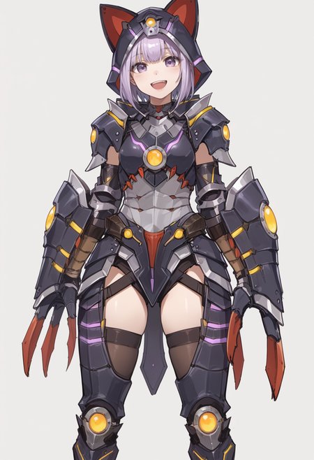 (score_9:0.9),score_8_up,score_7_up,rating_safe,anime style,(zPDXL),<lora:Almudron armor ponyXL v1:0.73>, 1girl, solo, purple eyes, open mouth, smile, white background, looking at viewer, purple hair, short hair, black cat hood, :d, simple background, almudron armor, black knee boots, black thigh armor, black claw gauntlets, full armor