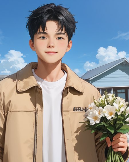 score_9, score_8_up, score_7_up, Korean, <lora:Expressive_H:1>, ((handsome young cute man:1.2, light skin)), ((21yo)),(focus male, solo:1.1), masterpiece, best quality,
The image features a young adult male standing in front of a bright blue sky, seemingly on a sunny day. The man is dressed in a casual yet stylish ensemble including a beige bomber jacket, a white shirt with a collar, and coordinating light-colored trousers. He is wearing dark, round-framed glasses and has short, styled black hair.
The man's pose suggests he is in a relaxed mood, with one hand casually placed on his forehead, while the other holds a small bouquet of white flowers. His expression is friendly and approachable.
The background is minimalistic and complements the subject well, with a simple, white-painted structure that seems to be part of a residential area, possibly a house or a small covered entrance. The skies are cleared of clouds, suggesting good weather, which adds a pleasant and airy feel to the image.
 <lora:tae_dong-000018:1>, tae_dong