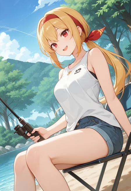 1girl, solo, masterpiece, best quality, newest, absurdres, CG, anime, source anime, illustration, very aesthetic, high resolution, ultra-detailed, scenery, rule of thirds, masterpiece-level, clean lines, serene atmosphere,
BREAK
dutch angle, cinematic angle, safe, sfw, intricate scenery,
day, blue sky, clouds,
forest, lake, folding chair, sitting,
<lora:kaelaIL:0.45> kaelaIL, long hair, medium breasts, low ponytail, red eyes, (blonde hair:1.5), tsurime, red hair ribbon, headband, happy smile, open mouth,
denim shorts, white shirt, sleeveless, untucked shirt,
<lora:fishing_Illust_v1:0.8> fishing