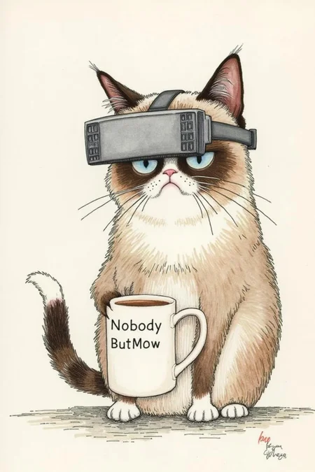 kaynielsen1 illustration.
Grumpy Cat holding a coffee mug, wearing a VR Headset. The mug has the phrase "NobodyButMeow" printed
 <lora:kaynielsen1_d8a4e12:0.8><lora:865931447632930066:0>