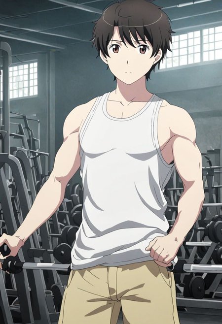 high resolution, solo, best quality, 1Boy, Inaho Kaizuka, Black Hair, Brown Eyes, Gym , tank top, shorts, exercise, sixpack, gym, OverallDetail