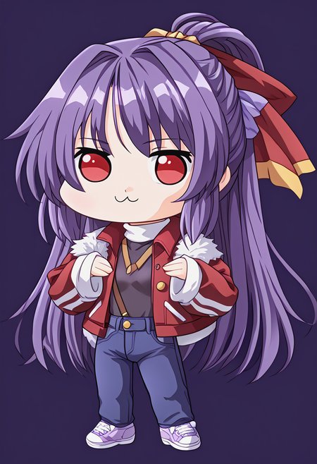 <lora:trumkuu_Pv11-000030:1> ntrkuu, hair bow, purple hair,long hair,ponytail,  red eyes,  , denim, jeans, jacket, pants, shirt, high quality, turtleneck,  <lora:Doro_X_PDXL_V1:1> doro, creature, :3, chibi, no humans, white skin, solid circle eyes, no pupils,