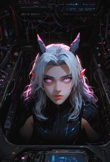 ((score_9_up, score_8_up, score_7_up:1.3)), rating_safe, face closeup, 1girl, rayla, long hair, white hair, horns, pointy ears, purple eyes, (very attractive face), wide hips, image from above, (expressive eyes), (cobalt blue, white and magenta plugsuit:1.1), futuristic style, inside mech cockpit, mecha cockpit, (futuristic computer monitors, gauges, lights:1.1), detailed background, amazing background, neon, glow, glowing, (bioluminescence:1.1), high contrast, dynamic angle, dynamic pose, coy expression, very aesthetic, diffused lighting, every detail illuminated, ultra-detailed, masterpiece artwork, flawless anatomy, easynegative, eye catching,  Expressiveh, g0thicPXL, glowing, neon, TDPStyle,
