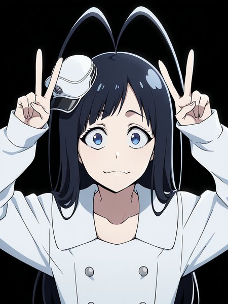 score_9, score_8_up, score_7_up,  
1boy, androgynous, giselle gewelle, blue eyes, black hair, long hair, antenna hair,
mini hat,
military uniform, white dress, long sleeves, collarbone, short dress, double breasted, 
black background, upper body, double v, smile, closed mouth, wide-eyed, looking at viewer, wavy mouth,

