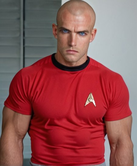 1boy, 20 year old male, Handsome, masculine, blonde, star trek, red shirt, muscle,  tall, tight shirt, wide pectorals, big shoulders, wide shoulders, muscular neck, German, bald, big pale blue eyes, abs, biceps, scowling facial expression, phaser, hand,

stunf, star trek uniform,