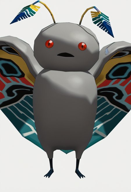 score_9, score_8_up, score_7_up, source_anime, solo
<lora:zs_WindWakerStyleXL:1> windwakerstyle, 3d, full body, white background
 <lora:Mothman-pdxl_Fp:1> mothman, pokemon \(creature\), red eyes, antennae, grey skin, wings