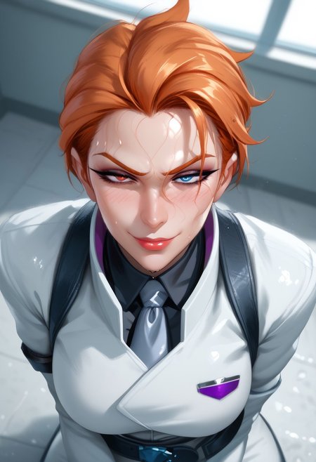 MAIDOLL,
score_9, score_8_up, score_8, anime style, source_anime, 
BREAK, 
1girl ,solo, beautiful mature female, gilf, voluptuous, curvy, looking at viewer, masterpiece, high detailed skin,  mature female, motherly, character focus,  depth of field,, curvy, EyesHD, 
moiraxl,heterochromia,short hair,orange hair,red eye,blue eye,smug, white lab shirt, white lab coat,,tie,right demon arm,looking at viewer,harness,belt,  eyeliner, smokey eyeshadow, 
,seductive smile, sultry, ,blush, embarrassed, from above, 
,hips, waist,
,indoors, sweaty, wet hair,
,makeup, eyeshadow, 
(pinup pose, dynamic pose, upper body, seductive pose, dynamic angle, dutch angle, waist, leaning forward, sitting, dynamic action photos,)
,cinematic, masterpiece, best quality, ultra-detailed, very aesthetic, high res,
, pureerosface_v1, Expressiveh, intricate_details_xl,
