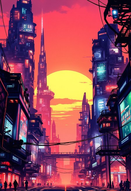 Inkpunk Anime, Abstract digital painting in the style of ck-js, concept art, futuristic, streetview of futuristic sci-fi city, towers, domes and skyscrapers, sunset, rule of thirds, perfect lighting, sunset, HD32K, wallpaper, hyperdetailed