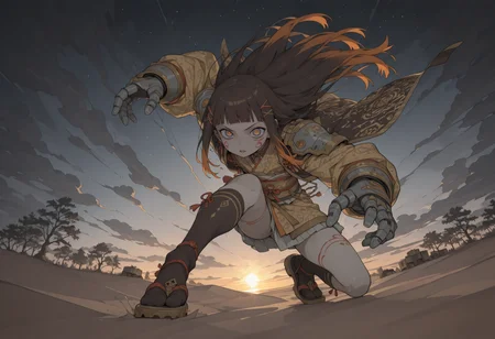 masterpiece, best quality, amazing quality, very aesthetic, absurdres, newest, studio Ghibli anime, re4lity_sync_illu, bold lines, outlines, sharp, Sinozick_illu, gradient,
colorful hair, long hair, arched_bangs, vertical pupils, Magenta eyes, yandere, maniac, mother, orange hair, dark brown hair,
light Violet skin, colored skin, circle tattoo,
close up, (dynamic pose, dynamic angle:1.4), crouching, thin, skinny, petite, knee high socks, flat chest, (solo:1.4), side view, 
eatheral lighting, large hands, robotic hands, chains, restricted, colar, colorful, multicolored skin, multicolored hair, multicolored eyes, bodypaint, cosmic skin, colored body, iridescent, Bioluminescent, starry sky, harsh, colored hands
Ornate silk kimono with demonic motifs, golden-embroidered haori, wide obi sash with intricate patterns, layered robes with cloud designs, fur-lined royal cape, armored shoulder guards with engravings, jeweled hairpins, tiger-skin accents, heavy ceremonial sandals, obsidian jewelry, brown clothes, elaborate print,
Alien forest, bioluminescent trees,  misty atmosphere, strange plants, neon vines, eerie lights, machinery, rust, boxes, torm, sand storm, sand, dunes, sunset, clouds, dark Silver theme,
<lora:NOOB_vp1_detailer_by_volnovik_v1:3> <lora:add-detail-xl:3> <lora:DetailedPerfect_hands_r1:1> <lora:feet_anime_pony_v2:1> <lora:re4lity:0.4> <lora:S4bit4mago:1> <lora:xl_more_art-full_v1:0.4> <lora:anime_screencap:0.2> <lora:Granblue Fantasy XLV2:0.2> <lora:Sinozick_style:0.2>