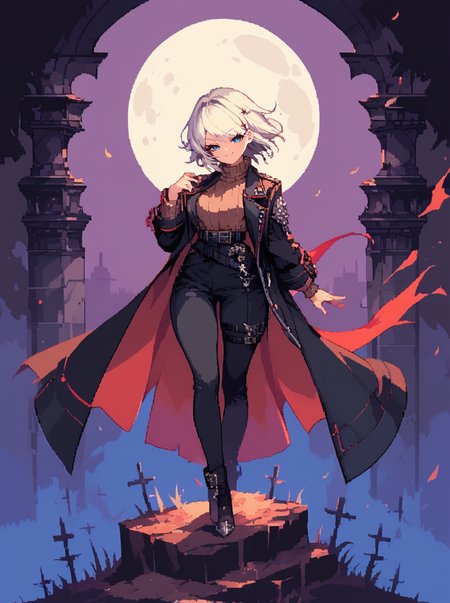 score_9, score_8_up, score_7_up, source anime,1girl ,solo <lora:faustXL_LoRA-C3Lier_AdamW_Dim16_Alpha16_UN-3e-4_TE-1.5e-4_10batch_ponyDiffusionV6XL_v6StartWithThisOne:0.8> faust \(project moon\), 1girl, white hair, short hair, blue eyes, black coat, open coat, long sleeves, jacket on shoulders, black vest, brown sweater, ribbed sweater, turtleneck sweater, black belt, black pants,smug, wide hips, thick thighs,half-closed eyes, full body,  <lora:Cromachina_test:0.5> Cromachina <lora:d3p1x3lXLP:1> d3p1x3l, pixel art,