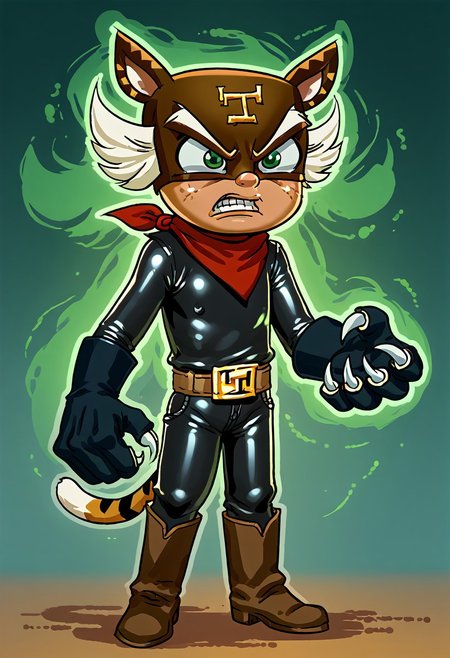 score_9, score_8_up, score_7_up, CuteCartoonStyle, 1boy, solo, male focus, El_Tigre, Mask, Green Eyes, white sideburns, Freckles, Cat Ears, Black Bodysuit, belt buckle, brown boots, Red Bandana around neck, black Gloves, tail, claws, green aura, angry,