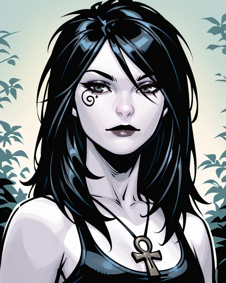 masterpiece, best quality, absurdres, perfect quality, absolutely eye-catching,   <lora:ChrisBachaloIllus:1> bachalo,  <lora:Death of the EndlessilluLoRA:0.8> dethofend, pale skin, colored skin, long hair, ankh necklace, tank top, 1girl, solo, ,mile, looking at viewer, tattoo under eye, portrait, black hair,