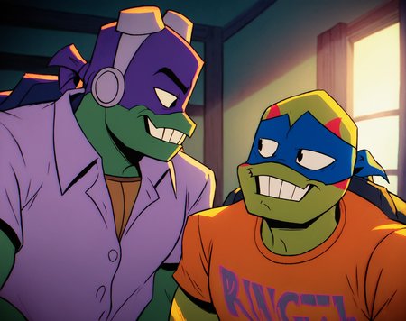 score_9, score_8_up, score_7_up, smooth lines, countershading, soft shading, 2d, extreme detail, 4K, high definition, high resolution,  <lora:rottmnt8:0.8>, 2boys, Donnie, Leo,  green skin, turtle, mask, shirt, confident, grin, looking at another, upper body, indoors,
