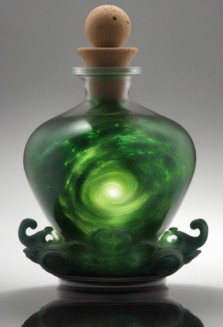 Score_9, Score_8, Photorealistic magic potion, intricate glass bottle, vibrant swirling green colors, ethereal light, wax seal, cork, dynamic reflections, magical aura, highly detailed, fantasy essence, glowing particles, radiant aura