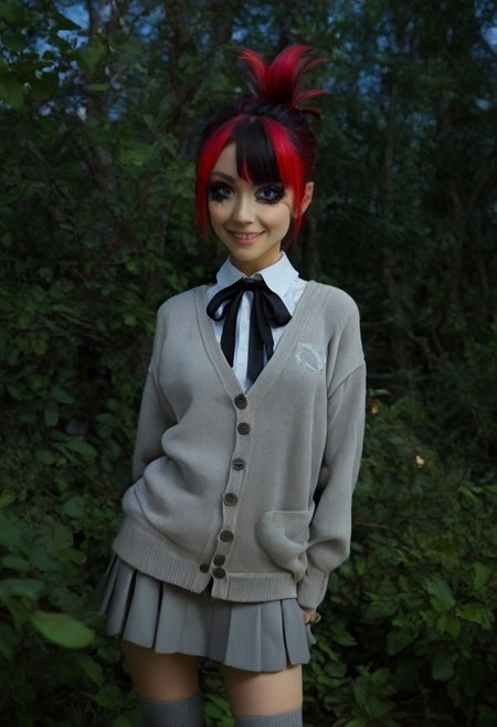 score_9, score_8_up, score_7_up, score_6_up, (realistic), (((solo))), female,
BREAK, 18yo woman, two-toned hair, red hair, black hair, triangle-shaped face, big eyes, almond-shape eyes, black makeup, small tits, small hips, skinny, skinnycute, folded ponytail, nasty smile,
BREAK, grey skirt, grey cardigan, grey knee highs, black neck ribbon,
BREAK, forest trail,