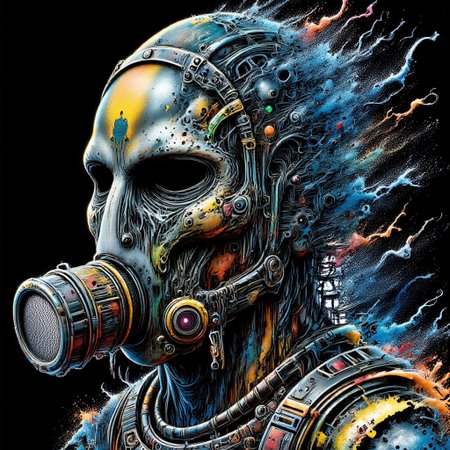 Zombie soldier wearing a biohazard gas mask, black and gold filigree, navy and gold vapor swirls, details in details