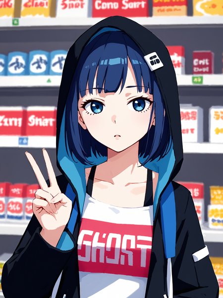 score_9, score_8_up, score_7_up, source_anime, BREAK
1girl, solo, <lora:TokyoStories_Suzu_Pony_v1:0.9>, short hair, bangs, blue hair, blue eyes, shirt, black jacket, blue backpack, hood up, white sneakers, standing, tokyo city, (convenience store:1.5), (upper body, closeup:1.5), (peace sign:1.5), long sleeves, looking at viewer, expressionless, (clothes writing:1.5),