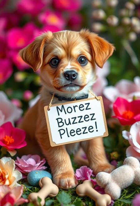 Create an image of an adorable puppy holding a sign on a string in its mouth. Hes sitting in a bed of flowers, The sign should read, 'Morez Buzzez Pleeze !' with a charming and playful design. Soft plushy toys and dog bones on the ground, The puppy's expression should be irresistibly cute and expressive, making a shameless yet endearing plea for attention and support