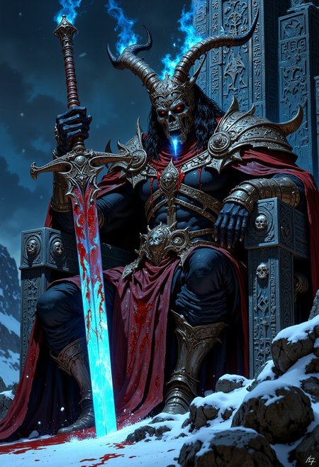 Ginger is the king of the dead, he sits on his throne of ice with runes and skulls carved into it, looking condescendingly straight into the camera, his metal skull mask is broken and covers only half of his face, his crown is bloody and drops of blood are dripping from it right onto his face, his eyes are burning with a blue flame rising upward. In one hand he holds a sword glowing with a blue flame which is painted with runes and a skull is inlaid into the guard. The armor is forged from steel, the belt and shoulders are inlaid with skulls. The overall color palette is dark and moody, in the background the cold blue colors prevail, a blizzard disperses the snow