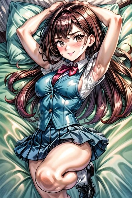 <lora:Giselle_Pokemon-07:0.8>, 1girl, solo, long hair, looking at viewer, smile, upper teeth, bangs, skirt, simple background, brown hair, shirt, brown eyes, school uniform, full body, white shirt, short sleeves, pleated skirt, shoes, socks, puffy sleeves, miniskirt, black footwear, vest, puffy short sleeves, blue skirt, kneehighs, white socks, black background, mary janes, blue vest, Happy, Lying on Back,  sweat, solo focus, lying, armpits, on back, outstretched arms, spread arms, pillow, arm grab, bed, sleeveless,
