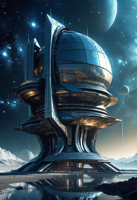 concept art of futuristic arcology, astroengineering megastructure in starry space, crisp digital render, reflective textures, intricate details, high resolution