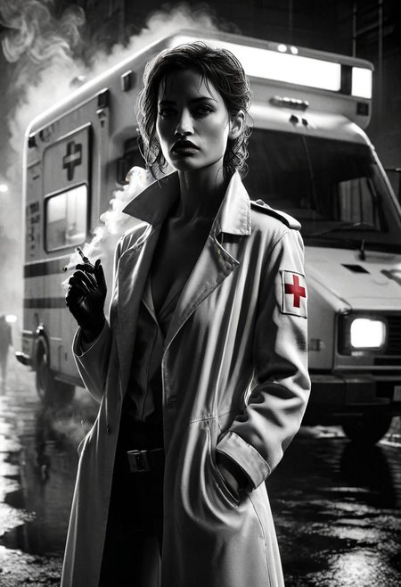 Masterpiece, realistic, Cinematic upper body photo from: 
female  ambulance doctor, driver, leaning on the futuristic ambulance van with red cross, (smoking a cigarette:1.2).
She wears white medical uniform and coat with (red cross:1.8), trousers and military boots. Hair into face. concerned. 
Black and white. Sin city comics style, mad-sincity, we can't see eyes. 
Cinematic, high resolution, detailed background, upper body shot , Cinematic Lighting, JuggernautNegative,, OverallDetail, realisticvision-negative-embedding, indoor light, 4ng3l face, bokeh, Movie Still, Film Still,