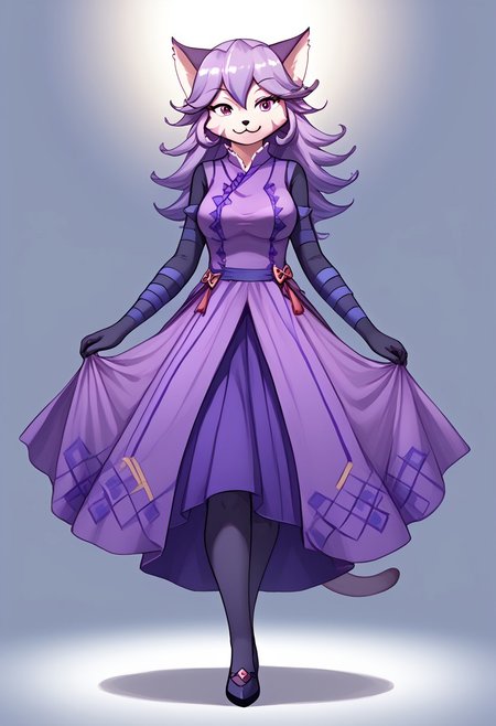 (absurdres), (highest quality), good_hands, opera_kranz_(solatorobo), furry, kemono, anthro, female, feline, felineko, purple fur, 1girl, solo, full body, standing, looking at viewer, smiling, grinning, alternate outfit, dress, purple dress