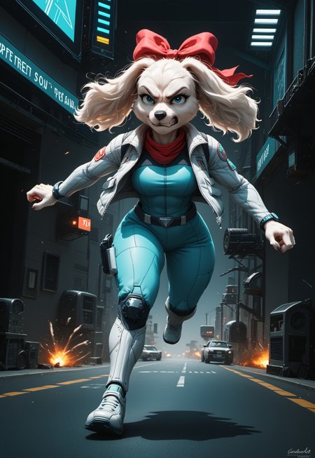 Fay sinclair,(score_9), score_8, [score_7],[score_6],[[score_5]], source_furry, science fiction city neon street,  shortstack (spaniel girl), running, holding gun, smirk, angry glare, thick,((white fur)),  wearing croptop aqua flight-suit, aqua pants, sleeveless white vest over aqua croptop_jacket, aqua rolled sleeves,  furry white [abs], realistic, background explosion