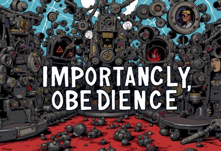 the words 'IMPORTANTLY, OBEDIENCE' written in large font fills the front of frame. In the back of frame weird man with in a dark room with checkerboard blue lotus PEOPLE ARE trapped inside machinery, people crushed inside mechanical gears, high gore arms crushed and bent, signs of wailing, people in business suits trapped in machinery. floors with blood on the ground with a white interior cyber tech electricity electical circuits illuminati symbols with brains and vaginas with high technology alchemical background lightning bolts