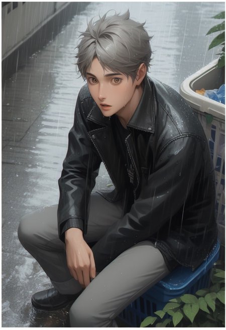score_9, score_8_up, score_7_up, source_anime, rating_safe, white border, raining, wet, water, Kosaikyu, grey hair, 1boy, male focus, jacket, grey pants, parted lips, wide eyed, blurry outdoor street, plant, trash can, roadside, gloomy, realistic lighting, sitting, puddle, from above, looking at viewer, hands with five fingers, cropped legs, realistic lighting,