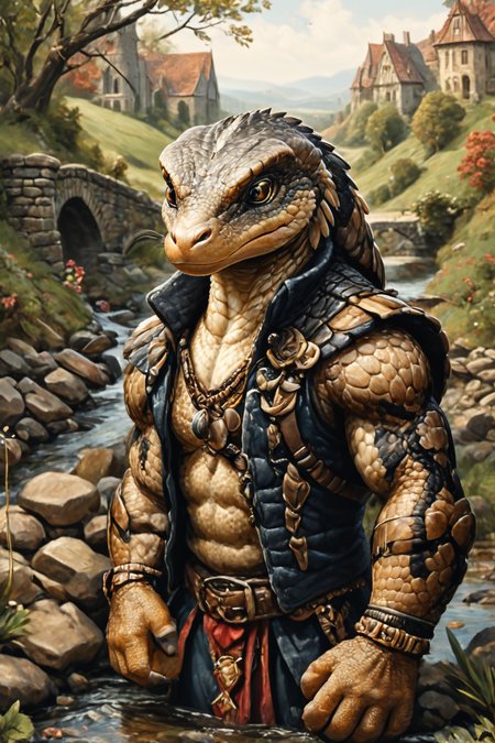 Detailed digital portrait of an anthro Cobra at a Stone bridge crossing a babbling brook, <lora:xl_more_art-full_v1:0.5>,  <lora:The_Crazy_Style:0.7> <lora:anthro_muscular:0.7>
