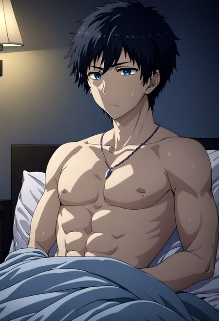 high resolution, solo, best quality, 1Boy, Arata Kaizaki, Black Hair, Blue Eyes, bedroom, dimly lit, pillow, blanket, necklace, upper body quarter, shirtless, sixpack, horny, OverallDetail