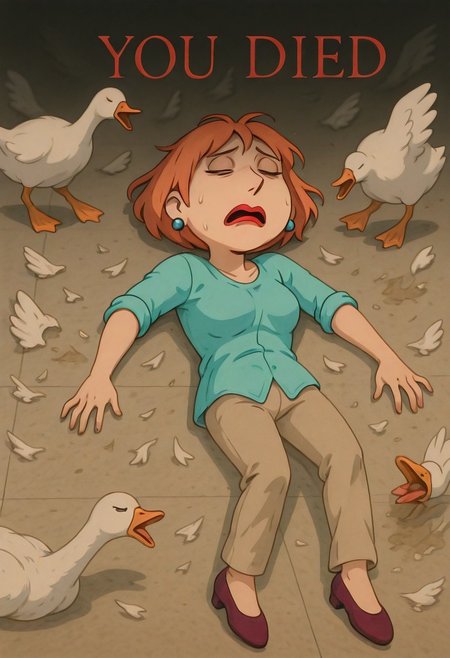 embedding:IllusP0s, you died, defeat, lying, goose ambush, 6+ geese, lois, dot pupils, 1girl, blue earrings, jewelry, short hair, solo, lipstick, orange hair, aqua shirt, beige pants, breasts, sleeves rolled up, pumps, dual eyes closed, scared, 1girl, solo,