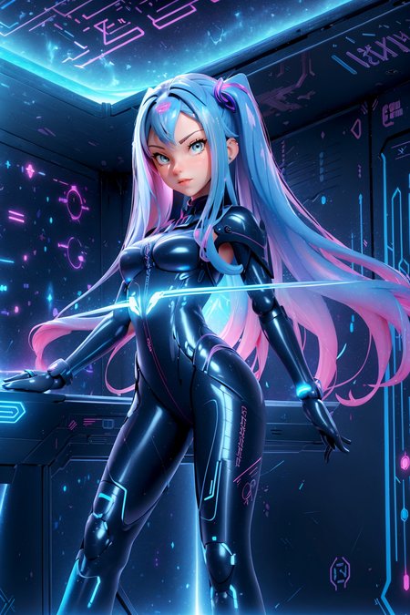 (AnjelikaV2:1.2), 
1girl, dark fantasy warrior, neon circuits infused, glowing blue lines, intricate armor, anime-inspired, tech-infused wall, high detail, 
standing, with one arm outstretched, fingers spread, commanding,
Space station interior, expansive window views of galaxies, holographic displays, sleek metallic surfaces