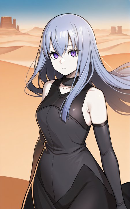 masterpiece, best quality, highres, newest, scenary, 1girl, solo, official style, <lora:Close:1>, liberatorclose, black sleeveless dress, black elbow gloves, expressionless, looking at viewer, desert background, cowboy shot
