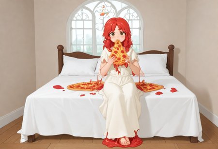 red slime girl ((eating pizza)) pizzasdx, looking at viewer (pizza melting:1.5) medieval bedroom background, masterpiece, full body sitting on bed, white bed, bed, white sheets, window, good light, perfect hands, good hands (hands on pizza)
