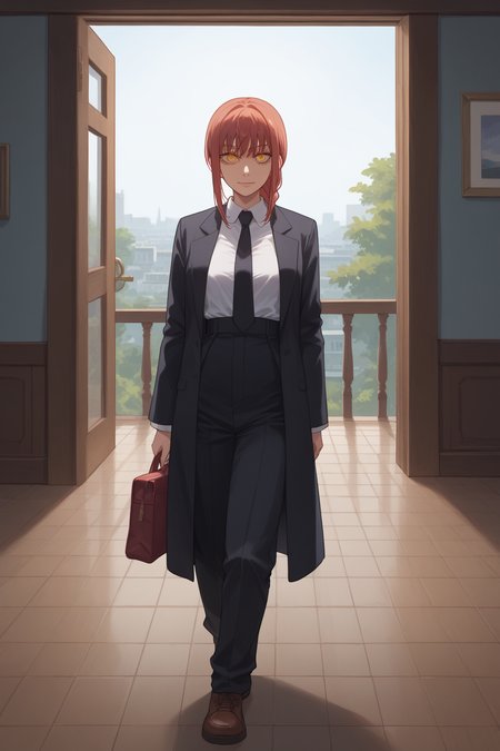 score_9, score_8_up, score_7_up, score_6_up, score_5_up, score_4_up, masterpiece, high quality, BREAK, full body, BREAK, 1girl,  <lora:Makima:0.8> Makima, red hair, yellow eyes, braided ponytail, white shirt, large breasts, rings in eyes, narrow waist, makima (chainsaw man), ringed eyes,