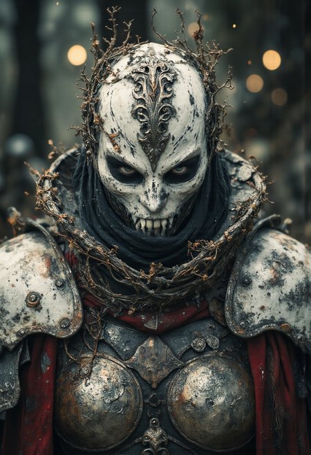 A nordic goddess of war — her face framed by a towering, bone-white metal collar that rises like the jaws of an ancient beast, etched with cracked runes and ivy filigree faded by time. No helm shields her, only the sharp geometry of the collar casting shadows across her glowing black skin, patterned faintly in antique rose and parchment-toned sigils like scars of old enchantments. Her eyes hide beneath the deep hood of a ruined war-cloak, stitched with ghost-white threads and washed-out blood-red fabric that falls in soft, swirling folds — worn like a priestess’s vestment twisted into something predatory. A single pauldrons crowns her right shoulder, shaped like weathered sandstone curling into fossilized vines, elegant yet lethal. Her busty form is bound in heavy armor sculpted with Art Nouveau curves, every plate an artwork of brutal grace — stained, cracked, and holy. No flesh is exposed that is not deliberate: the ornate neckline bares power, not weakness. Aura tendrils rise from her back like smoke drawn in floral lines, casting sepia shadows that shift with every silent breath. Behind her: a desaturated battlefield of memory, lit only by the haunting glow of wine-red mist and volumetric pale light. Her presence carves into the scene like a myth — motionless, eternal, manga-framed in fine, worn ink lines. A relic of war and wonder, unforgiving and divine.