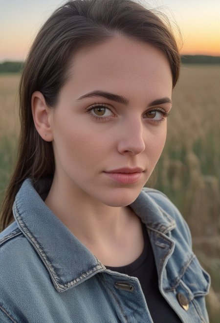 30yo american woman in a wheat field
Small eyes. Brown eyes.
Wearing ripped Denim jacket
no makeup. Clear skin.  realistic skin style
Long dark black slick back hair. No makeup. Dusk, Street light. Looking at camera POV. Slight smile, tilting head.. Tilt head. Hands in head, face, lips.
Medium Close Up shot. Bokeh. Bokeh light. Sunset. yellow, purple sky.