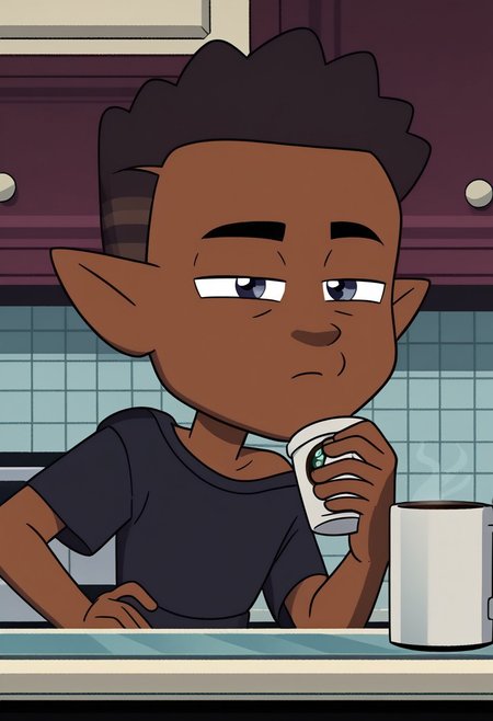 score_9, score_8_up, score_7_up, high quality,perfect anatomy, show accurate, solo,1boy, kitchen,
brown skin and dark brown hair with lighter shades, pointy ears, dark blue eyes, kitchen background, wear only oversized t-shirt, loose clothes, off shoulder, one hand holding cup of coffee, one hand on hip, perfect hands, sleepy eyes, messy hair, loose clothes, eyes half close, show accurate, perfect hands, perfect anatomy,perfect hands,five fingers,