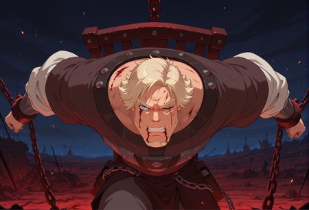 anime artwork concept art masterpiece, best quality, absurdres
 <lora:dobri:1>dobriba, 1boy, male focus, facial hair, solo, scar, beard, blood, blue eyes, blonde hair, one eye closed,  chain, scar across eye, injury, scar on face, teeth, mustache, clenched teeth, short hair, Chained up, the iron chair, darl nature, battlefield, smog, battle, looking a viewer,pants, armor, 
 <lora:noobai_vpred_1_masterpieces_v23:0.7> masterpiece, best quality, very aesthetic <lora:DarkerThanBlackIllustrious:0.7>  night <lora:NOOB_vp1_detailer_by_volnovik_v1:1>( red theme:0.8),  . digital artwork, illustrative, painterly, matte painting, highly detailed . anime style,  vibrant, studio anime, highly detailed