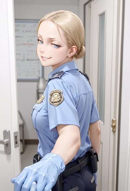 masterpiece, best quality, amazing quality, absurdres, 

0c_tsa,1girl, blonde hair, single hair bun, low hair bun, blue eyes, parted lips, medium breasts,

 police uniform, policewoman, blue shirt, collared shirt, epaulette, badge, name tag, blue gloves, rubber gloves, black pants, belt, pouch,

 , 1boy, pov, holding hand, look back, smug, smirk, open door, room, blurry background, depth_of_field, focus, from behind, back view, 