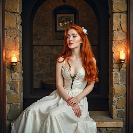 hyperrealistic art watercolor painting expressionist Inside an ancient castle, bathed in the glow of flickering candlelight, the redheaded goddess sitting on the cold stone altar, she's wearing a full victorian dress. Her fiery locks spill over the sacred ground as she gazes upward, looking at the viewer,  her lips parted in an expression of pure, sinful ecstasy. Itâs an image of contrastâholiness and eroticism intertwined, a vision of defiance in a place of restraint  <lora:jialissa64:0.9> jialis . raw, emotional, dynamic, distortion for emotional effect, vibrant, use of unusual colors, detailed . vibrant, beautiful, painterly, detailed, textural, artistic . extremely high-resolution details, photographic, realism pushed to extreme, fine texture, incredibly lifelike