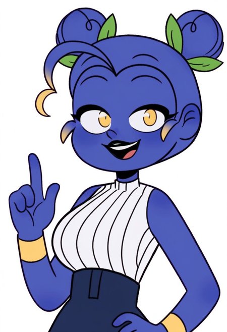 ((white background)),score_9, score_8_up, score_7_up,score_6_up, 
1girl, Solo, Zulmi_MT, blue skin, two high buns, green leaf hair accessory, blue hair, yellow eyes, black eyeshadow, black lipstick, white sleeveless blouse, dark blue skirt with blueberry patch, golden bracelets, long white socks, lavender slouchy boots, big eyes, tall stature, social smile, perfect eyes, perfect smile, looking at the viewer, big breasts, detailed eyes, perfect eyes, cute, standing, (front pose, bust shot, close up to face, face portrait:1) 5 fingers, perfect hands, (hand up, hand on hip)