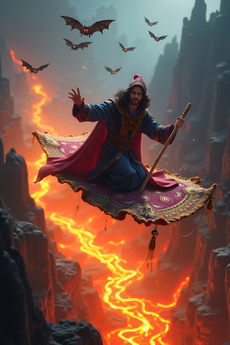 A thrilling scene depicting a mage on a vibrant magic carpet soaring high above a river of molten lava. The mage, clad in ornate, flowing robes adorned with mystical symbols, grips a staff tightly as they navigate their enchanted ride. The magic carpet, richly patterned and shimmering with an ethereal glow, undulates through the air, leaving a trail of sparkling stardust in its wake. Below, the lava bubbles and crackles, casting a fiery orange light that contrasts sharply with the cooler tones of the carpet and mage's attire.

In the air around them, a swarm of menacing, shadowy bats with glowing red eyes swoops in, adding a sense of urgency and danger. The mage's determined expression and focused gaze reflect the high stakes of their escape. The background features jagged volcanic rocks and a smoky, hazy sky, with the intense glow of the lava creating dramatic lighting that highlights the action. The scene is dynamic and vibrant, capturing the excitement of the mage’s daring flight amidst the perilous landscape.